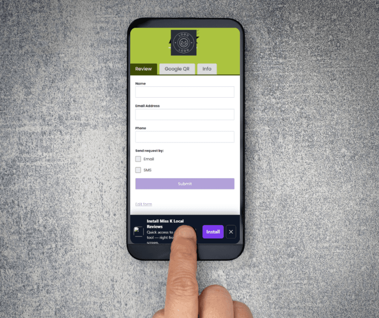 Miss K Local review app install banner on mobile showing review request form with email and SMS options.