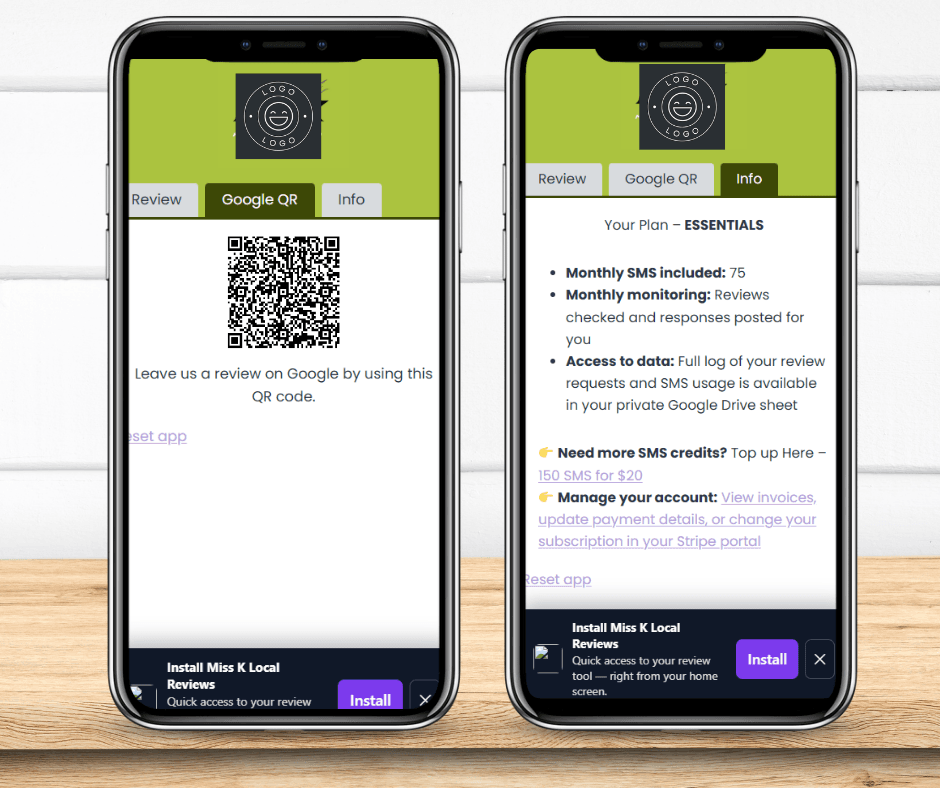 Miss K Local review app on mobile showing Google review QR code and Info tab with SMS credits and account management links.