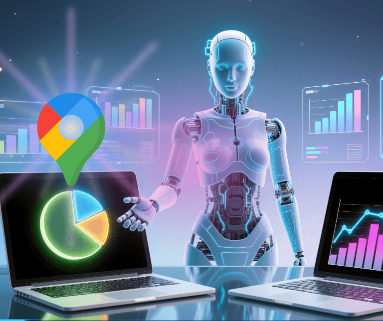 AI robot analysing Google Maps review data on laptop screens — concept of review automation for small businesses.