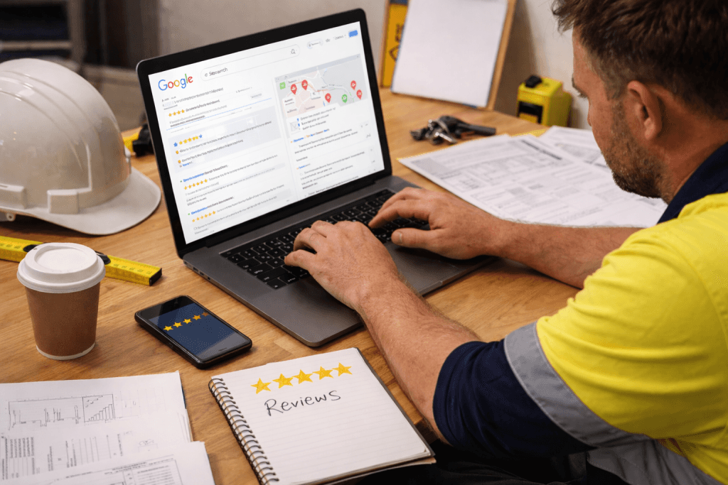 Tradie typing on a laptop at a desk while managing Google reviews for a small service business