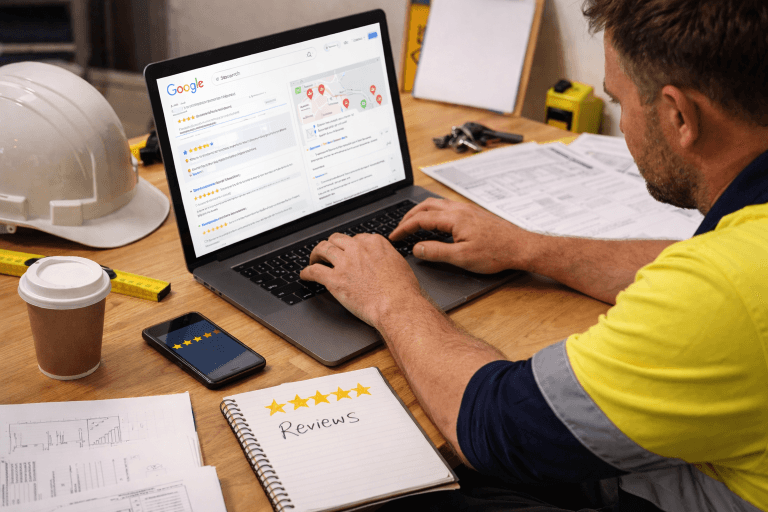 Tradie typing on a laptop at a desk while managing Google reviews for a small service business