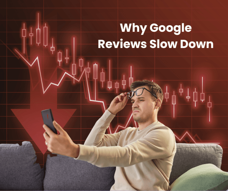 Business owner looking concerned at phone with declining graph behind him illustrating why Google reviews slow down