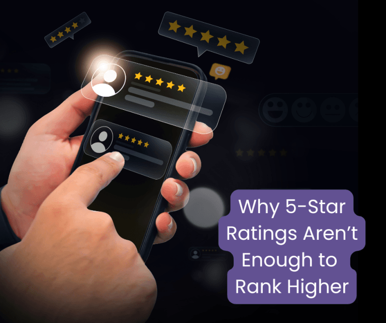 Smartphone displaying 5-star review ratings with headline explaining why 5-star ratings aren’t enough to rank higher in Google search.