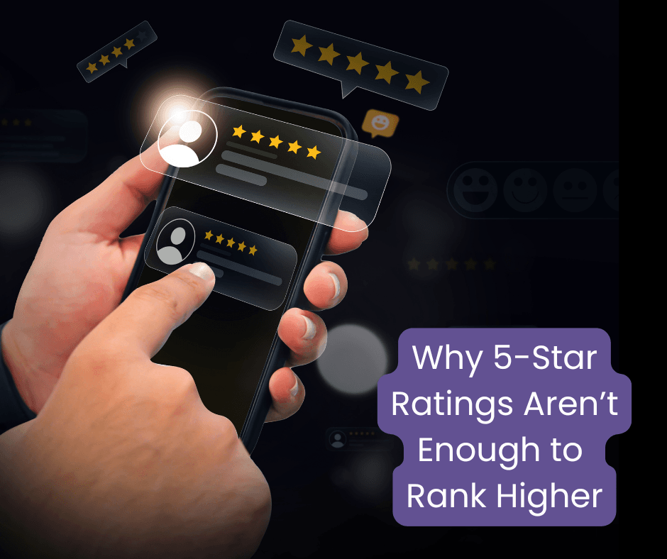 Smartphone displaying 5-star review ratings with headline explaining why 5-star ratings aren’t enough to rank higher in Google search.