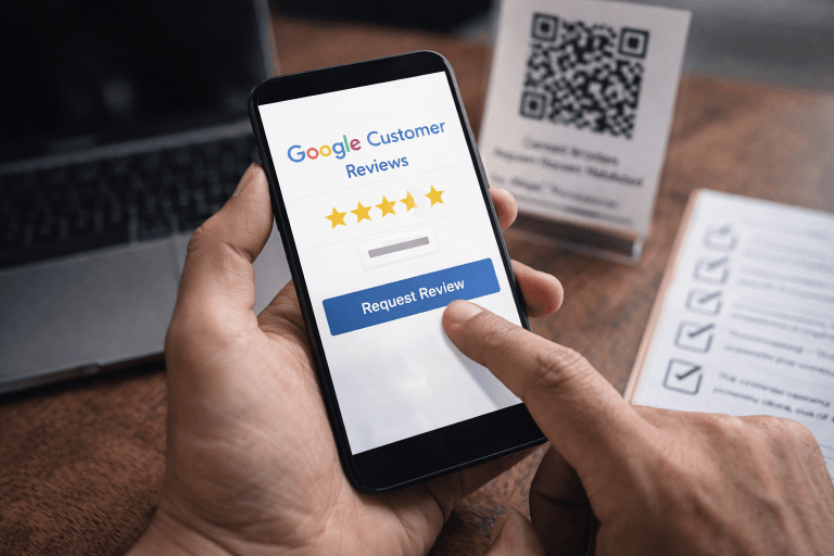 Example of Google review request scripts being sent via smartphone with QR code and review process tools