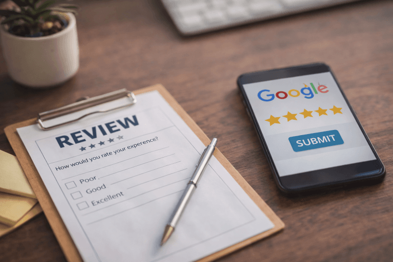 Google review system example showing customer feedback form and smartphone submitting a 5-star review