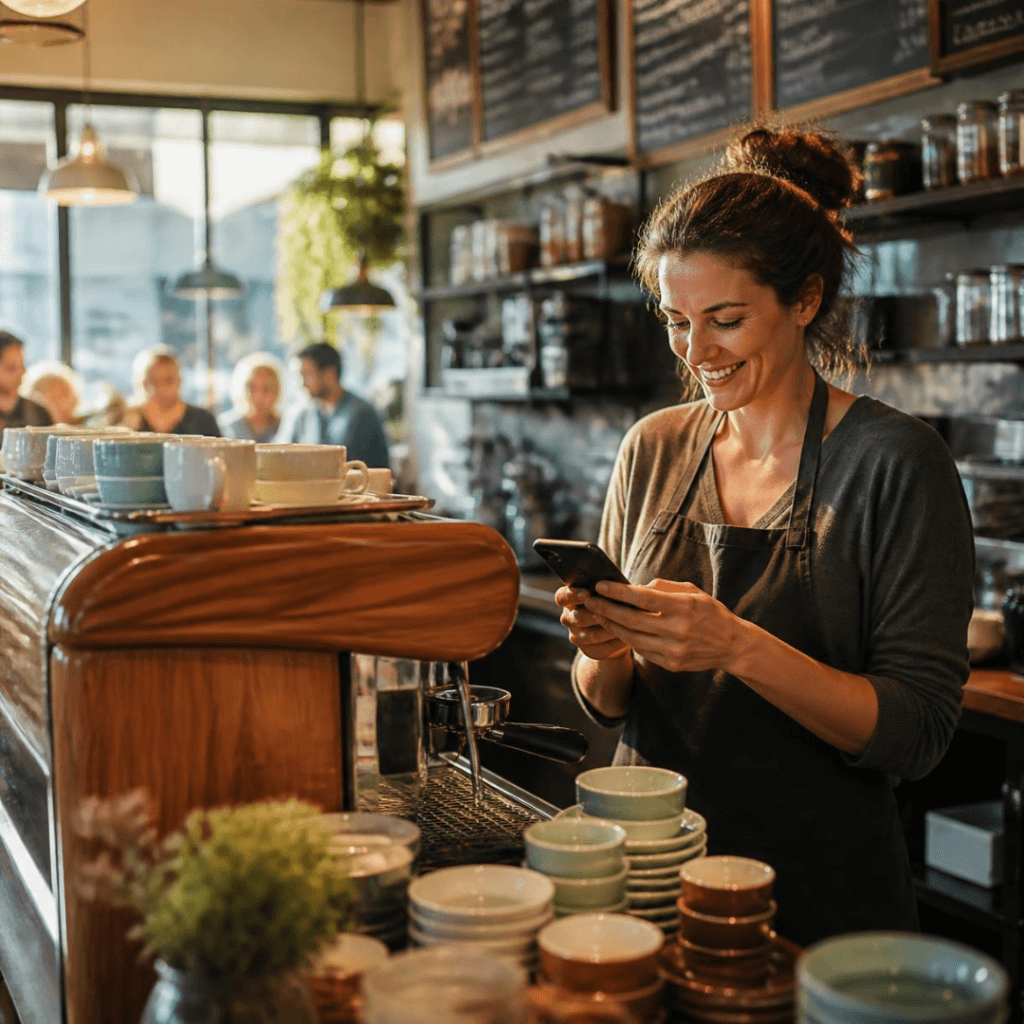 Small business owner using her phone to manage her Google Business Profile during the workday.
